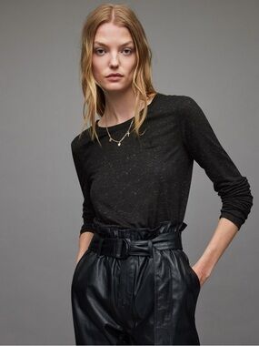 All Saints Black Esme Shimmer Long Sleeve Tee Size 8 Black w gold shimmer - NWOT